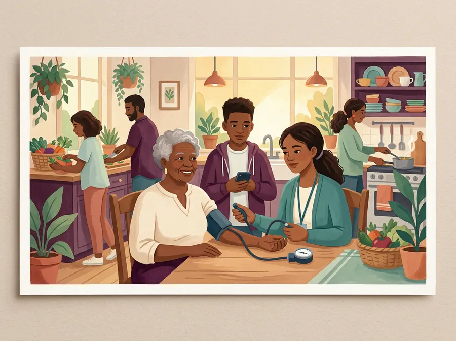 Illustration: a community health worker checks an older woman's blood pressure at her kitchen table while family members cook nearby.