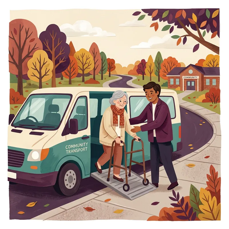 Illustration: a driver helps an older woman with a walker into an accessible community van.